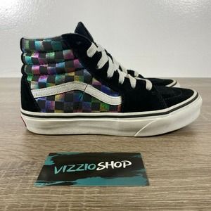 Vans SK8 Foil Rainbow Checkered Multicolored Black Skate Shoes Youth 2 508731